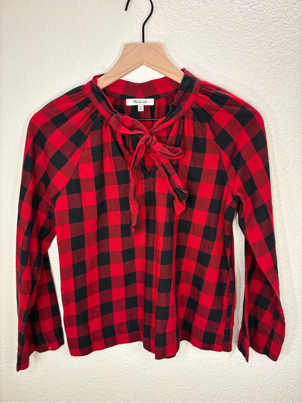 Madewell Red & Black Buffalo Plaid Tie-Neck Blouse XXS